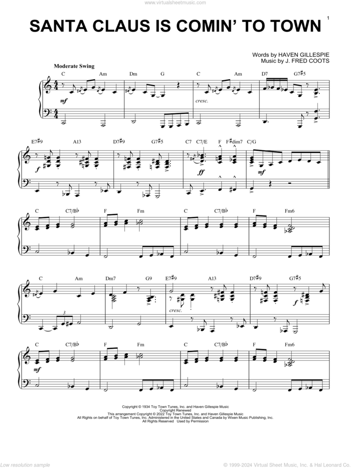 Santa Claus Is Comin' To Town [Jazz version] (arr. Brent Edstrom) sheet music for piano solo by J. Fred Coots, Brent Edstrom and Haven Gillespie, intermediate skill level