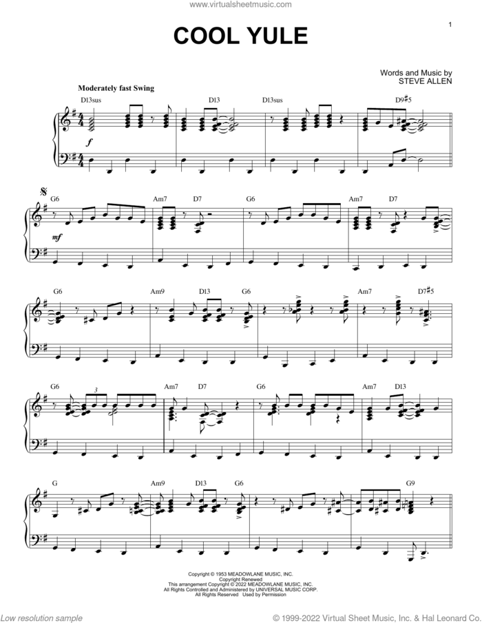 Cool Yule [Jazz version] (arr. Brent Edstrom) sheet music for piano solo by Louis Armstrong, Brent Edstrom and Steve Allen, intermediate skill level