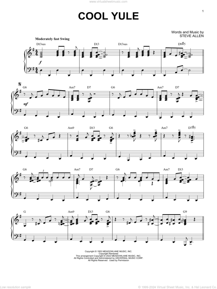 Cool Yule [Jazz version] (arr. Brent Edstrom) sheet music for piano solo by Louis Armstrong, Brent Edstrom and Steve Allen, intermediate skill level