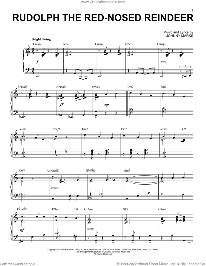 Rudolph The Red-Nosed Reindeer [Jazz version] (arr. Brent Edstrom) sheet music for piano solo by Johnny Marks and Brent Edstrom, intermediate skill level
