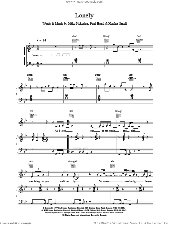 Lonely sheet music for voice, piano or guitar by M People, intermediate skill level