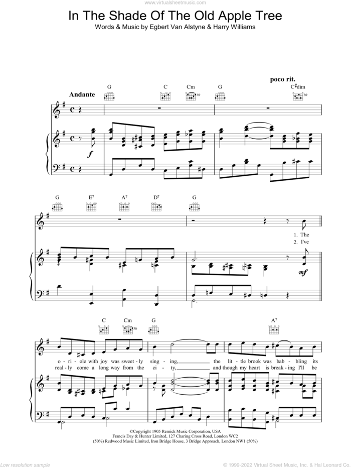 In The Shade Of The Old Apple Tree sheet music for voice, piano or guitar by Egbert Van Alstyne and Harry Williams, intermediate skill level