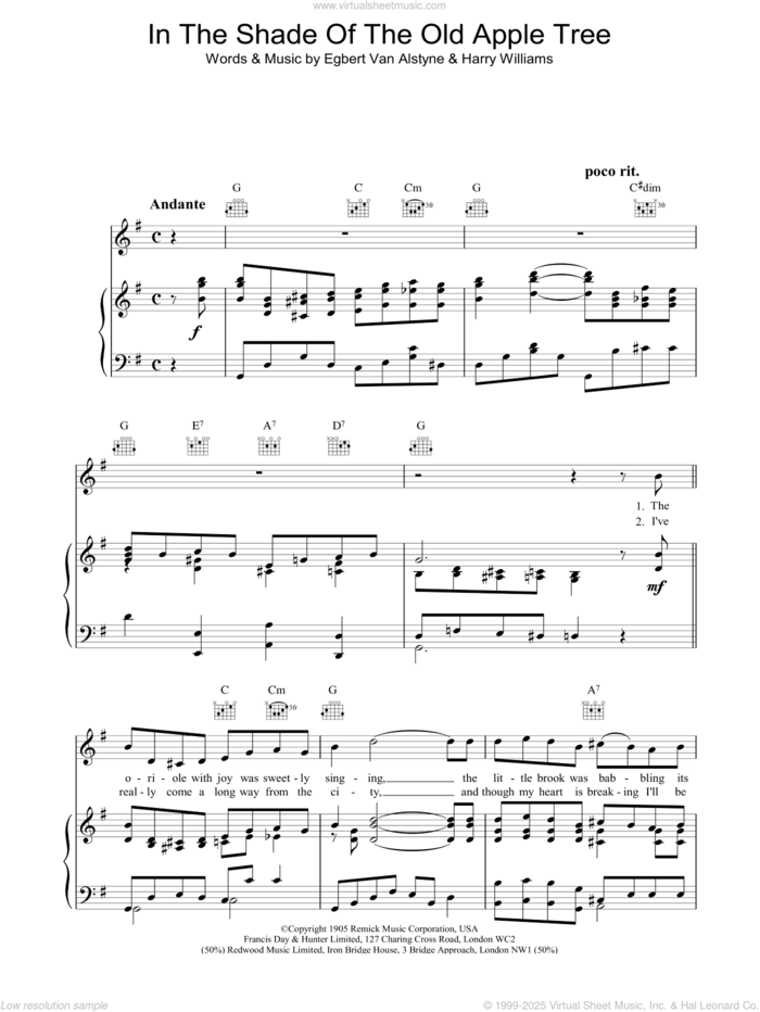 In The Shade Of The Old Apple Tree sheet music for voice, piano or guitar by Egbert Van Alstyne and Harry Williams, intermediate skill level