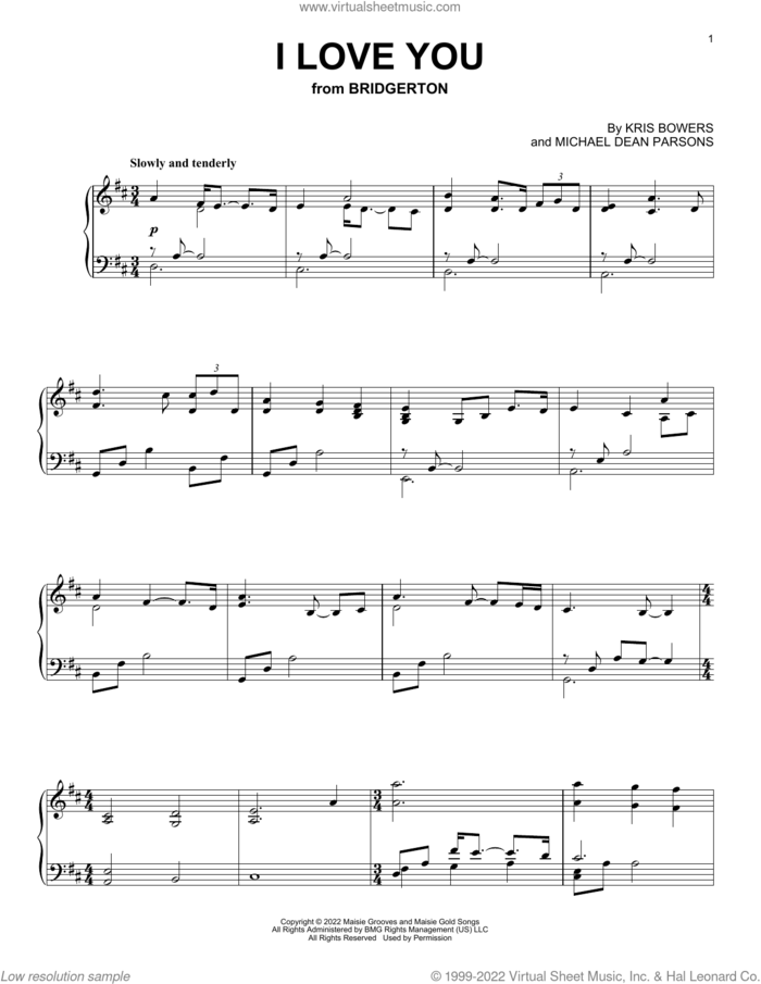 I Love You (from the Netflix series Bridgerton) sheet music for piano solo by Kris Bowers and Michael Dean Parsons, intermediate skill level
