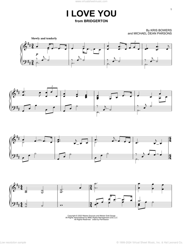 I Love You (from the Netflix series Bridgerton) sheet music for piano solo by Kris Bowers and Michael Dean Parsons, intermediate skill level