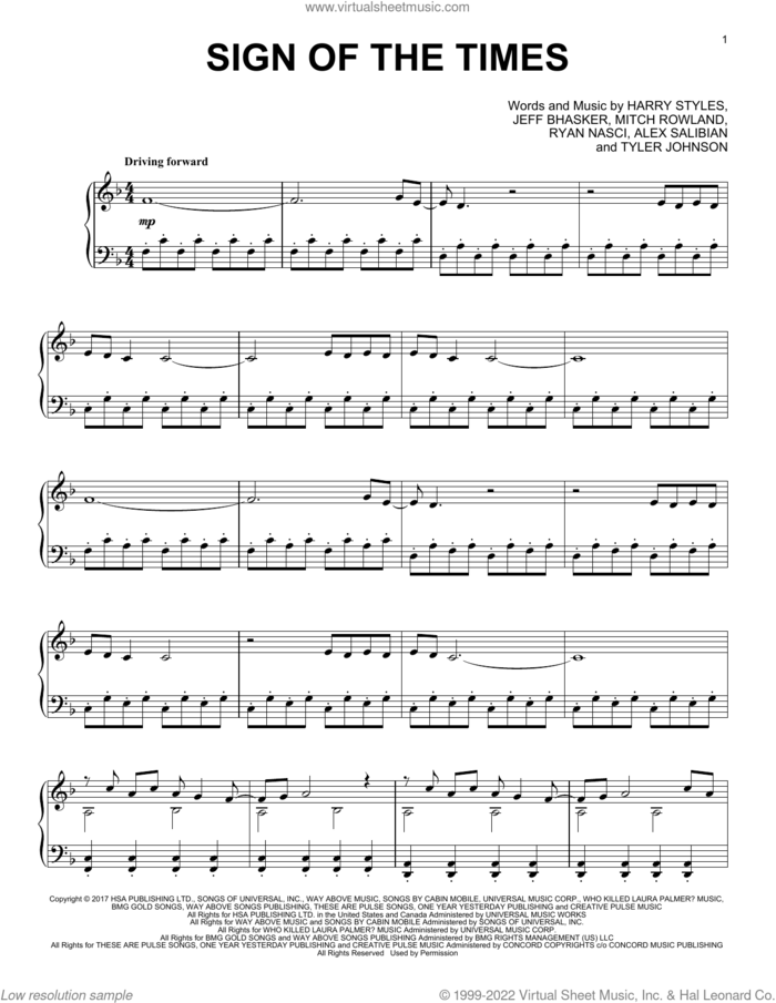 Sign Of The Times (from the Netflix series Bridgerton) sheet music for piano solo by Steve Horner, Alex Salibian, Harry Styles, Jeff Bhasker, Mitch Rowland, Ryan Nasci and Tyler Johnson, intermediate skill level