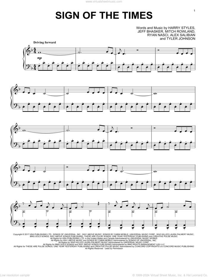 Sign Of The Times (from the Netflix series Bridgerton) sheet music for piano solo by Steve Horner, Alex Salibian, Harry Styles, Jeff Bhasker, Mitch Rowland, Ryan Nasci and Tyler Johnson, intermediate skill level