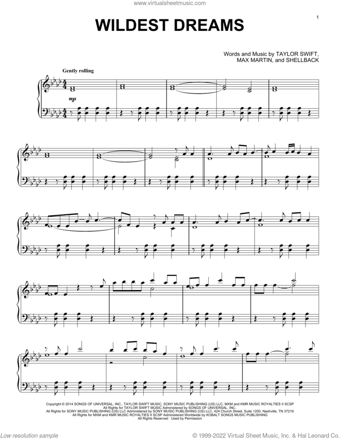 Wildest Dreams (from the Netflix series Bridgerton) sheet music for piano solo by Duomo, Johan Schuster, Max Martin, Shellback and Taylor Swift, intermediate skill level