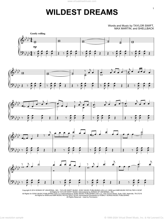 Wildest Dreams (from the Netflix series Bridgerton) sheet music for piano solo by Duomo, Johan Schuster, Max Martin, Shellback and Taylor Swift, intermediate skill level