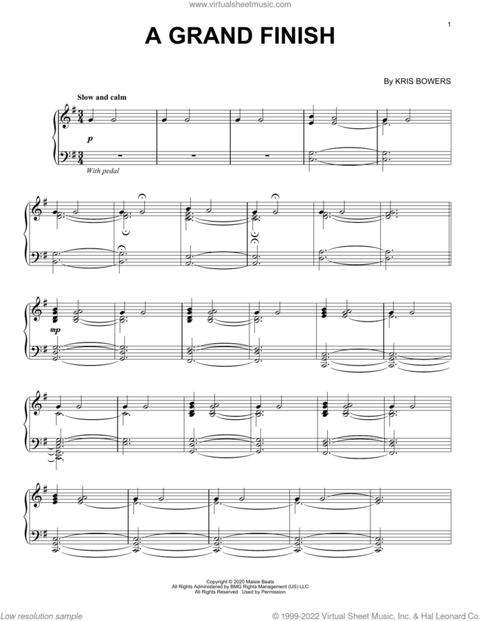 A Grand Finish (from the Netflix series Bridgerton) sheet music for piano solo by Kris Bowers and Michael Dean Parsons, intermediate skill level