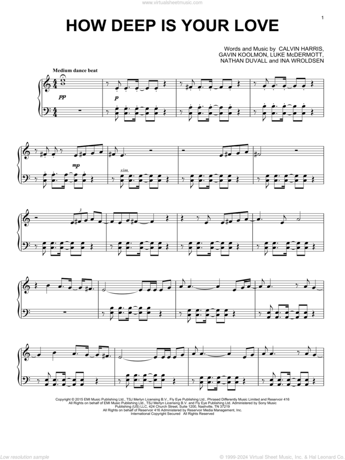 How Deep Is Your Love (from the Netflix series Bridgerton) sheet music for piano solo by Kiris Houston, Calvin Harris & Disciples, Calvin Harris, Gavin Koolmon, Ina Wroldsen, luke McDermott and Nathan Duvall, intermediate skill level