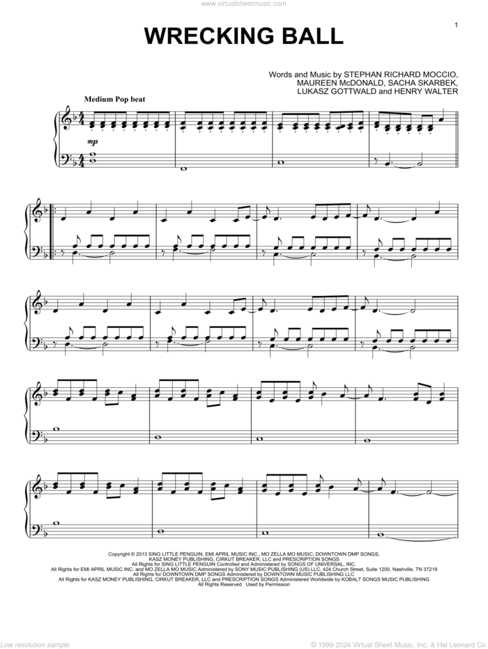 Wrecking Ball (from the Netflix series Bridgerton) sheet music for piano solo by Midnite String Quartet, Miley Cyrus, Henry Walter, Lukasz Gottwald, Maureen McDonald, Sacha Skarbek and Stephan Richard Moccio, intermediate skill level