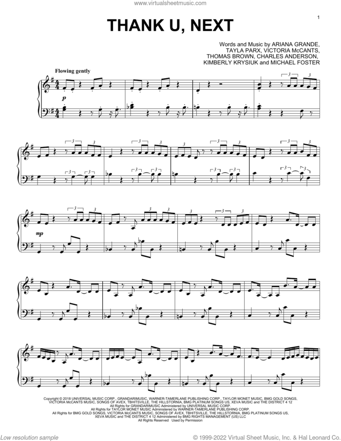 thank u, next (from the Netflix series Bridgerton) sheet music for piano solo by Vitamin String Quartet, Ariana Grande, Charles Anderson, Kimberly Krysiuk, Michael Foster, Tayla Parx, Tommy Brown and Victoria McCants, intermediate skill level