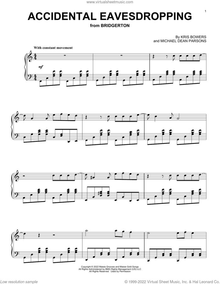 Accidental Eavesdropping (from the Netflix series Bridgerton) sheet music for piano solo by Kris Bowers and Michael Dean Parsons, intermediate skill level