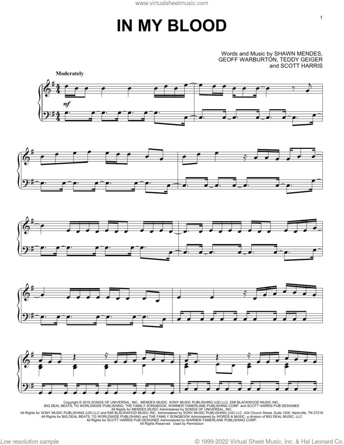 In My Blood (from the Netflix series Bridgerton) sheet music for piano solo by Vitamin String Quartet, Geoff Warburton, Scott Harris, Shawn Mendes and Teddy Geiger, intermediate skill level