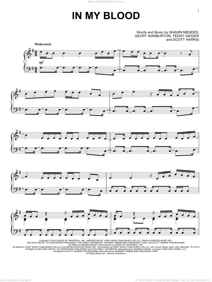 In My Blood (from the Netflix series Bridgerton) sheet music for piano solo by Vitamin String Quartet, Geoff Warburton, Scott Harris, Shawn Mendes and Teddy Geiger, intermediate skill level