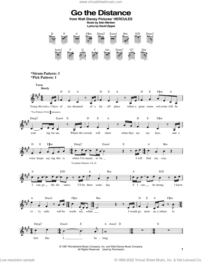 Go The Distance (from Hercules) sheet music for guitar solo (chords) by Michael Bolton, Alan Menken and David Zippel, easy guitar (chords)