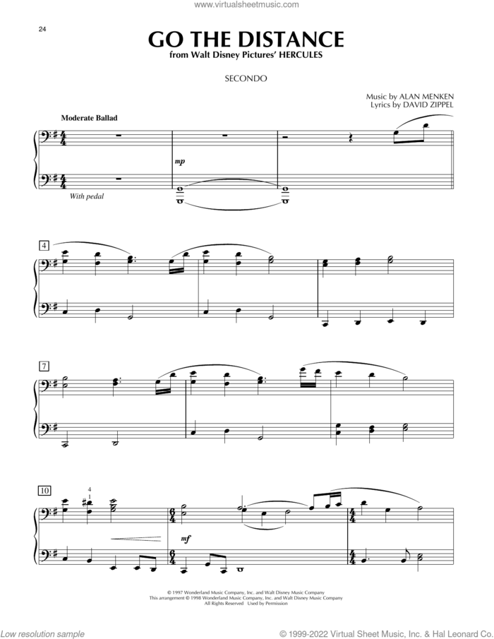 Go The Distance (from Hercules) sheet music for piano four hands by Michael Bolton, Alan Menken and David Zippel, intermediate skill level