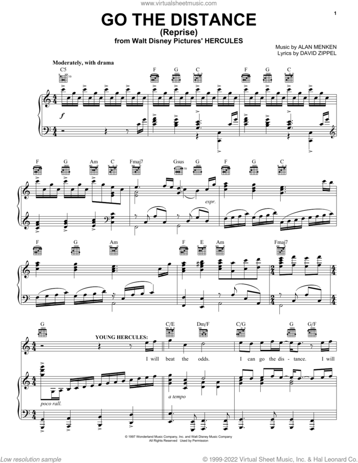 Go The Distance (Reprise) (from Hercules) sheet music for voice, piano or guitar by Alan Menken & David Zippel, Alan Menken and David Zippel, intermediate skill level