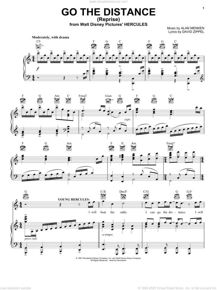 Go The Distance (Reprise) (from Hercules) sheet music for voice, piano or guitar by Alan Menken & David Zippel, Alan Menken and David Zippel, intermediate skill level