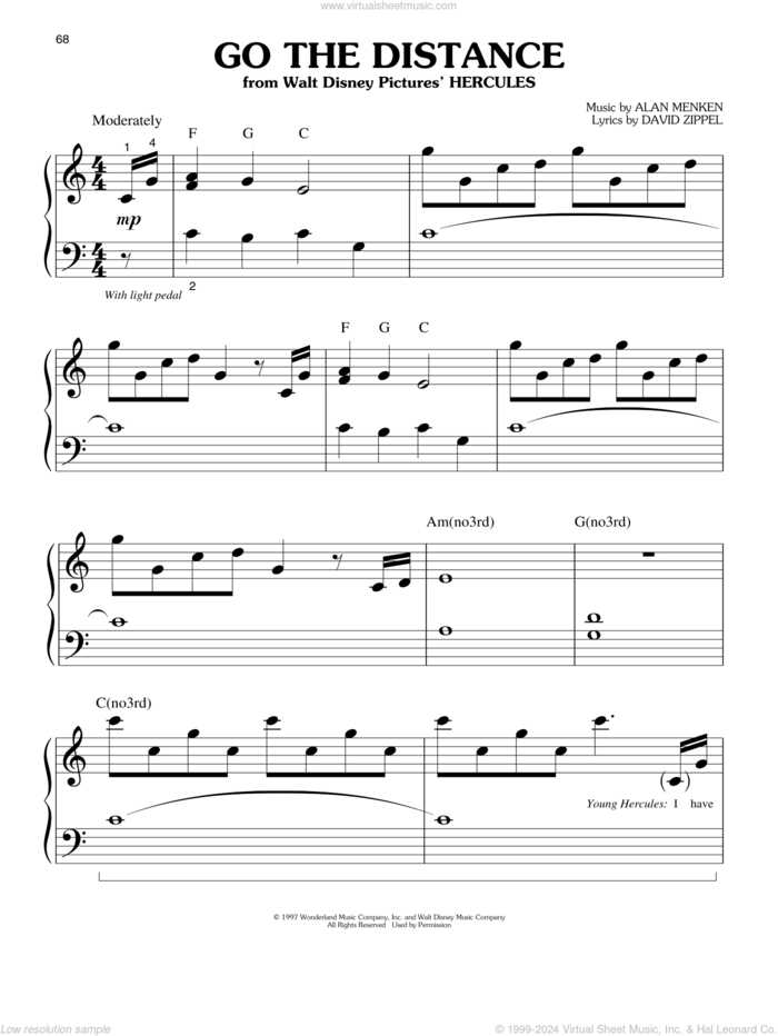 Go The Distance (from Hercules) sheet music for piano solo (big note book) by Michael Bolton, Alan Menken and David Zippel, easy piano (big note book)