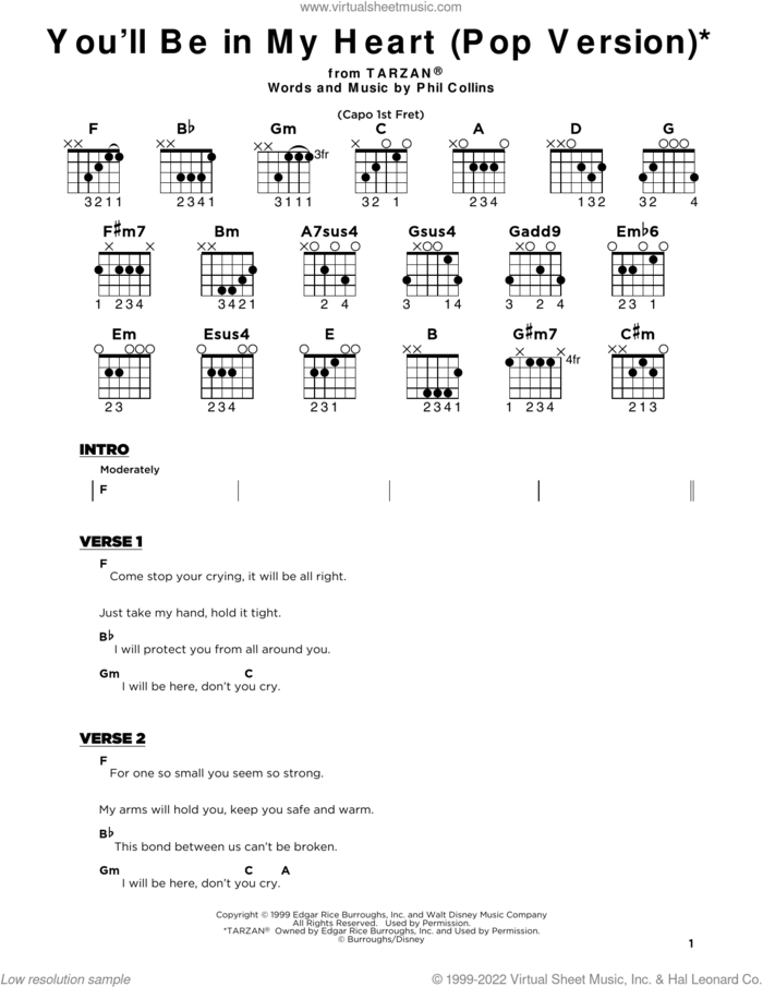 You'll Be In My Heart (from Tarzan) sheet music for guitar solo by Phil Collins, beginner skill level