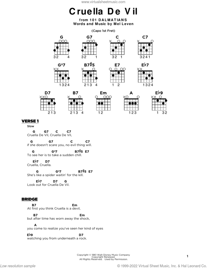 Cruella De Vil (from 101 Dalmatians) sheet music for guitar solo by Mel Leven, beginner skill level