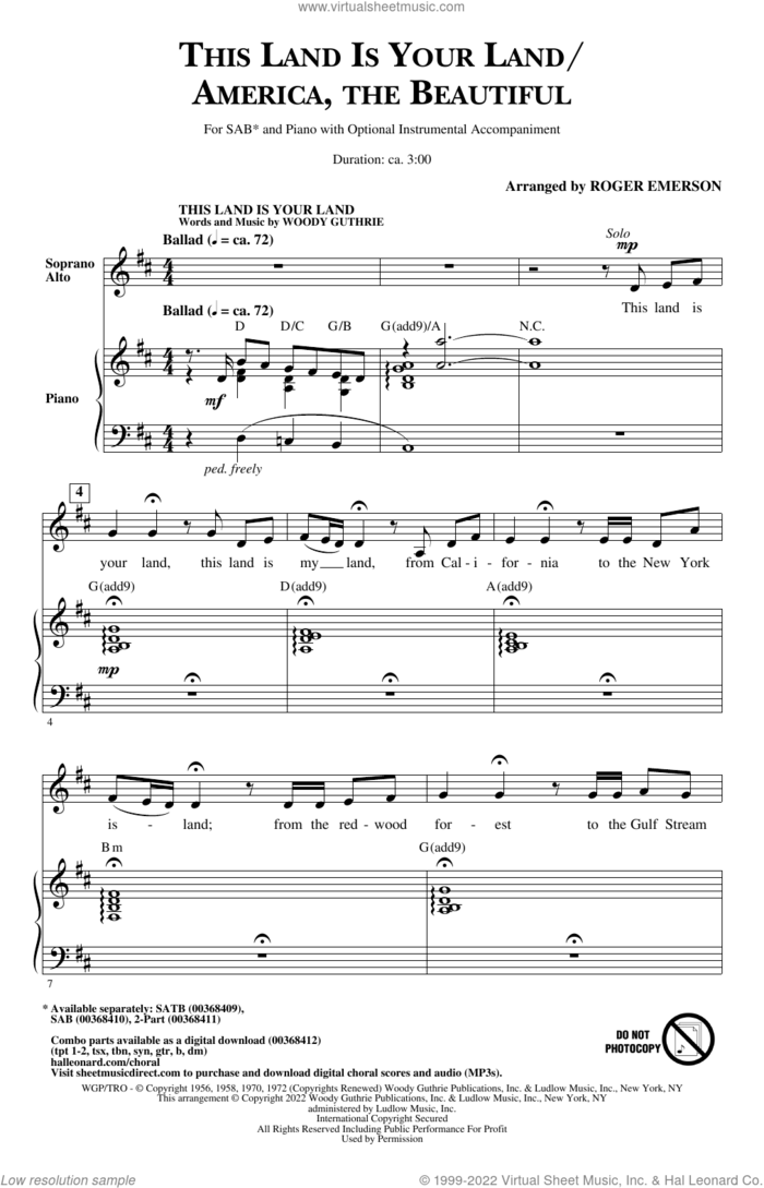 This Land Is Your Land/America, The Beautiful sheet music for choir (SAB: soprano, alto, bass) by Woody Guthrie, Roger Emerson, Katherine Lee Bates and Samuel Augustus Ward, intermediate skill level