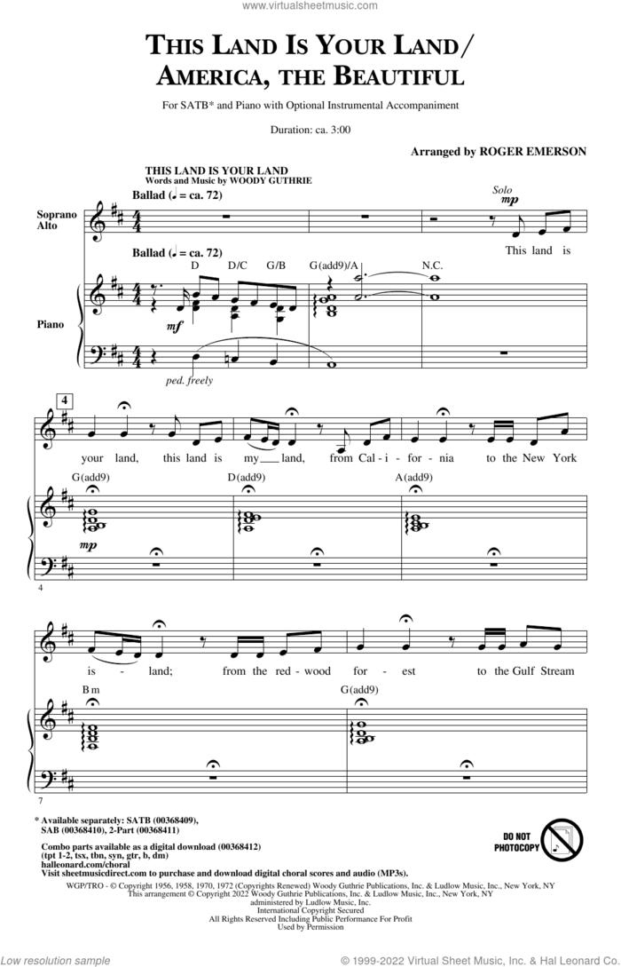 This Land Is Your Land/America, The Beautiful sheet music for choir (SATB: soprano, alto, tenor, bass) by Woody Guthrie, Roger Emerson, Katherine Lee Bates and Samuel Augustus Ward, intermediate skill level