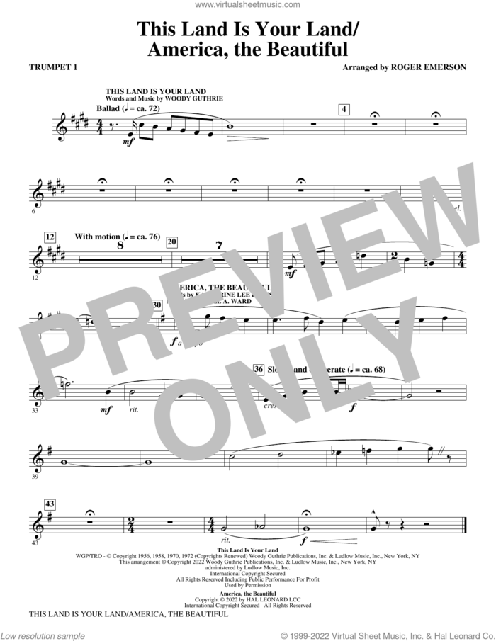 This Land Is Your Land/America, The Beautiful (complete set of parts) sheet music for orchestra/band (Instrumental Accompaniment) by Roger Emerson, Katherine Lee Bates, Samuel Augustus Ward and Woody Guthrie, intermediate skill level