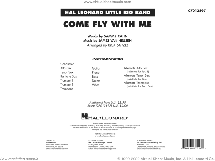Come Fly With Me (arr. Rick Stitzel) (COMPLETE) sheet music for jazz band by Frank Sinatra, Jimmy van Heusen, Rick Stitzel and Sammy Cahn, intermediate skill level