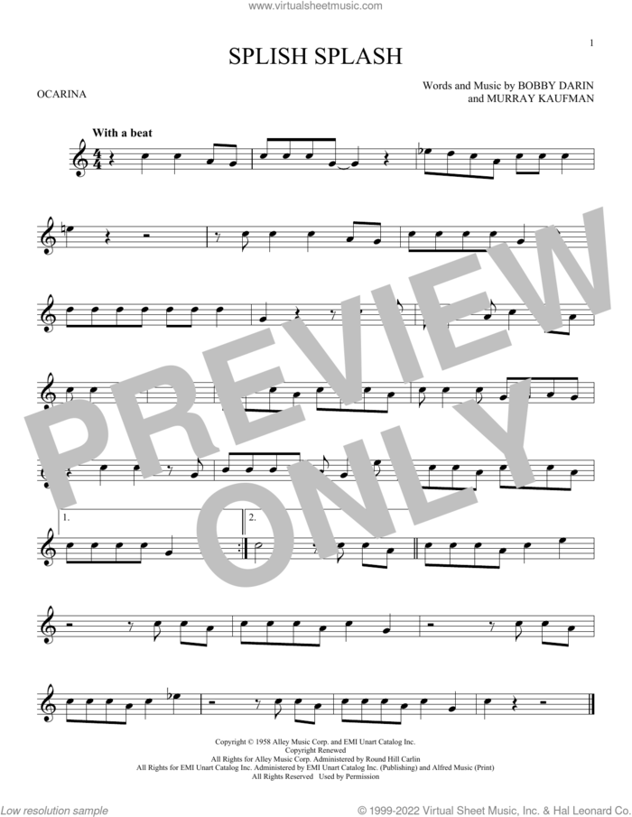 Splish Splash sheet music for ocarina solo by Bobby Darin and Murray Kaufman, intermediate skill level