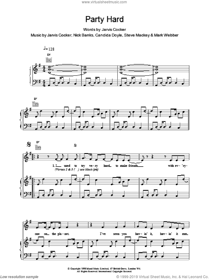 Party Hard sheet music for voice, piano or guitar by Pulp, intermediate skill level