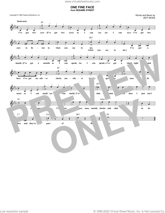 One Fine Face (from Sesame Street) sheet music for voice and other instruments (fake book) by Jeff Moss, intermediate skill level