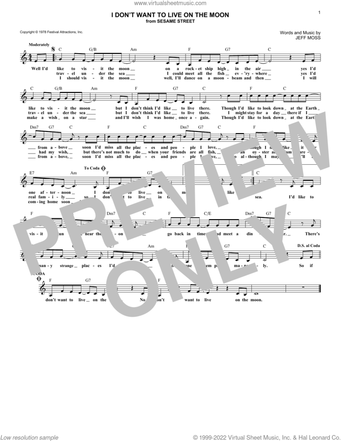 I Don't Want To Live On The Moon (from Sesame Street) sheet music for voice and other instruments (fake book) by Jeff Moss, intermediate skill level