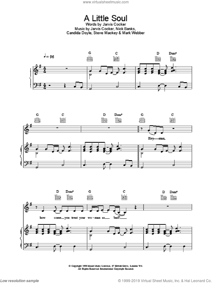 A Little Soul sheet music for voice, piano or guitar by Pulp, intermediate skill level