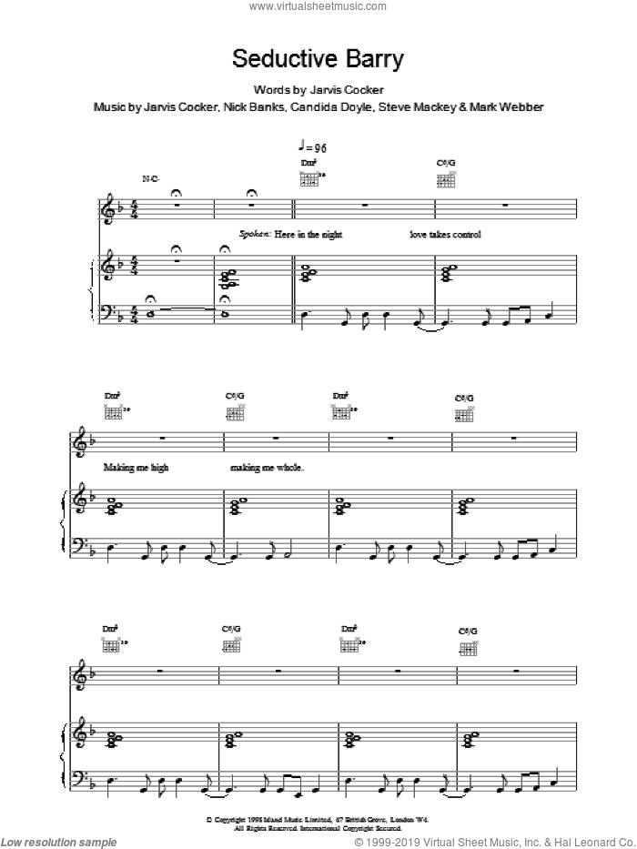 Seductive Barry sheet music for voice, piano or guitar by Pulp, intermediate skill level