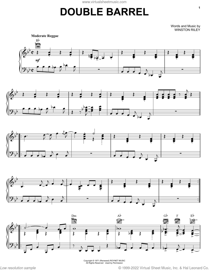 Double Barrel sheet music for voice, piano or guitar by Winston Riley, intermediate skill level