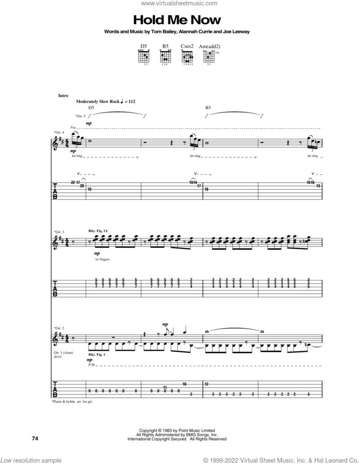 Hold Me Now sheet music for guitar (tablature) by Thompson Twins, Alannah Currie, Joe Leeway and Tom Bailey, intermediate skill level