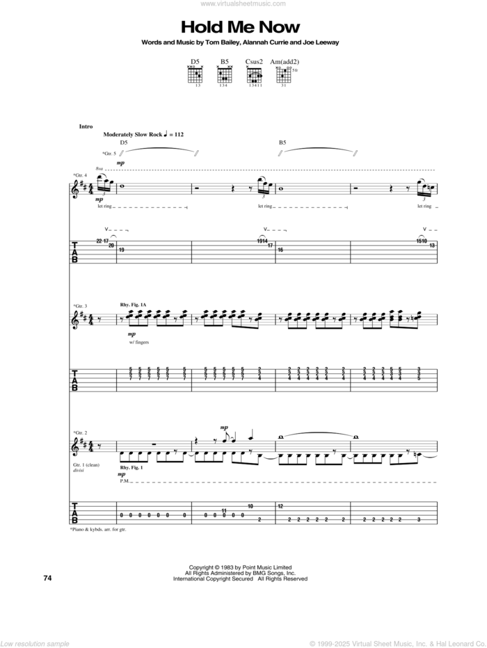 Hold Me Now sheet music for guitar (tablature) by Thompson Twins, Alannah Currie, Joe Leeway and Tom Bailey, intermediate skill level