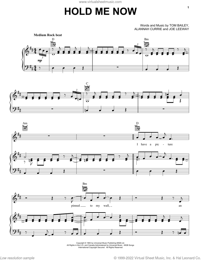 Hold Me Now sheet music for voice, piano or guitar by Thompson Twins, Alannah Currie, Joe Leeway and Tom Bailey, intermediate skill level