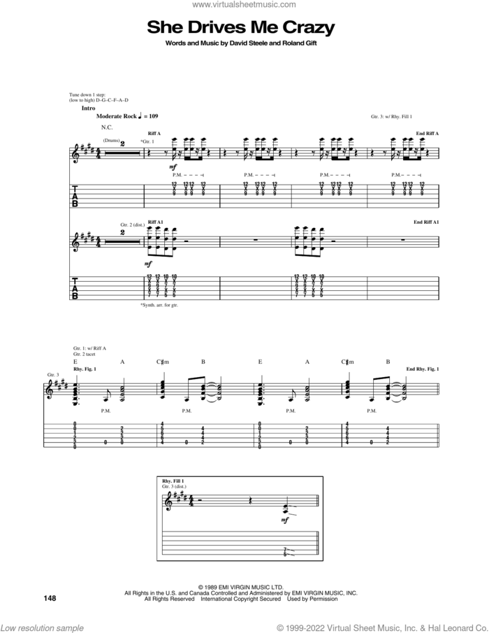 She Drives Me Crazy sheet music for guitar (tablature) by Fine Young Cannibals, David Steele and Roland Gift, intermediate skill level