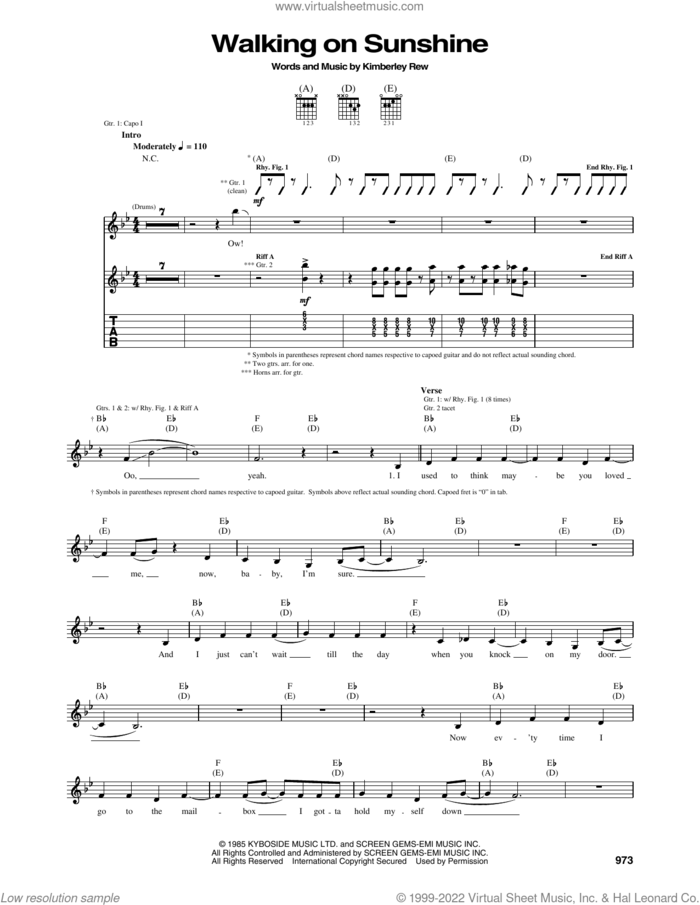 Walking On Sunshine sheet music for guitar (tablature) by Katrina And The Waves and Kimberley Rew, intermediate skill level