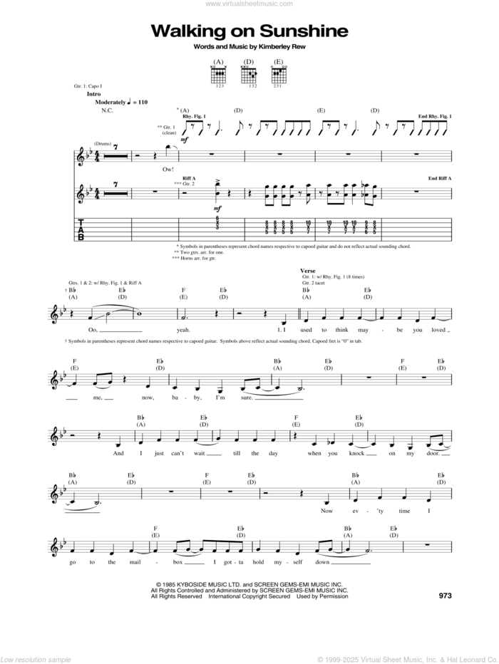 Walking On Sunshine sheet music for guitar (tablature) by Katrina And The Waves and Kimberley Rew, intermediate skill level