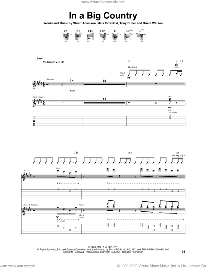 In A Big Country sheet music for guitar (tablature) by Big Country, Bruce Watson, Mark Brzezicki, Stuart Adamson and Tony Butler, intermediate skill level