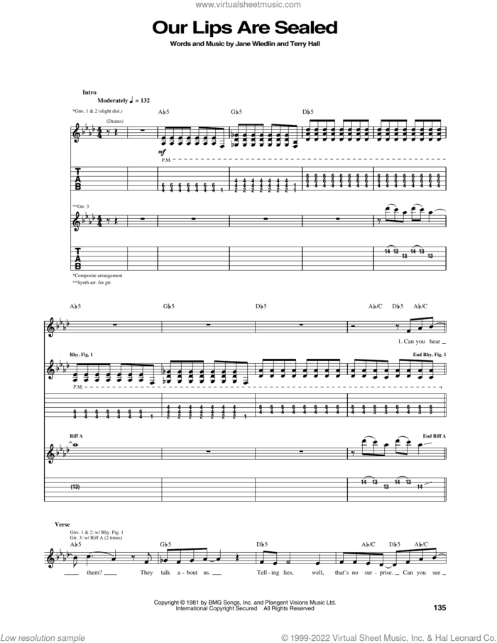 Our Lips Are Sealed sheet music for guitar (tablature) by Go-Go'S, Jane Wiedlin and Terry Hall, intermediate skill level