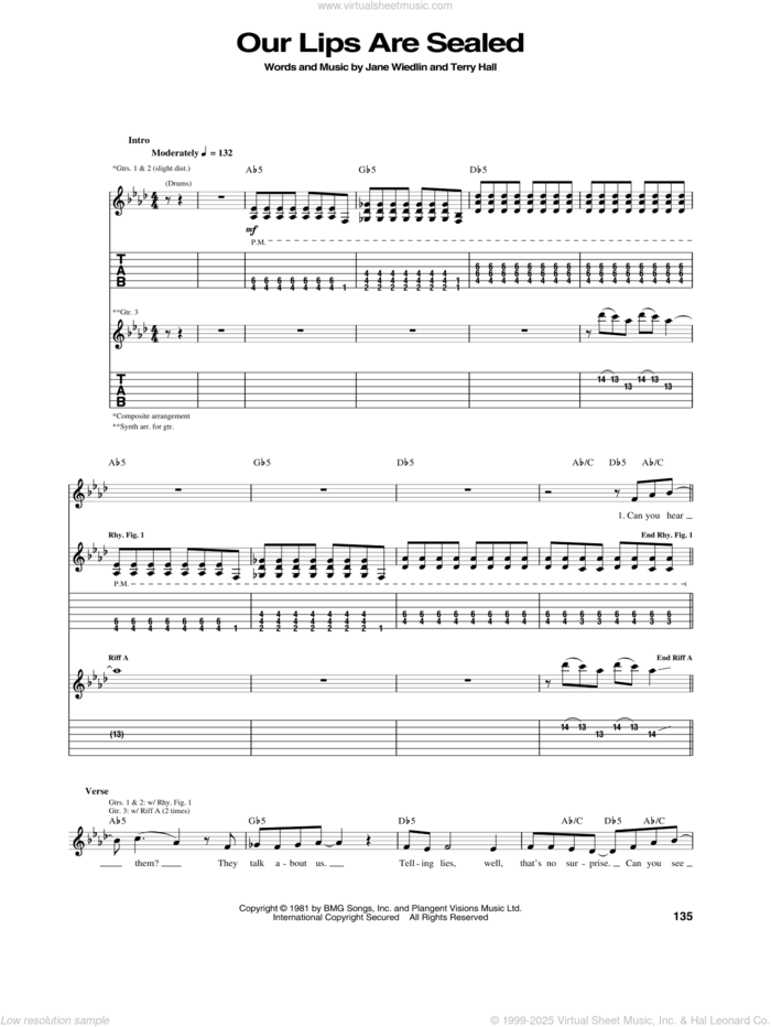 Our Lips Are Sealed sheet music for guitar (tablature) by Go-Go'S, Jane Wiedlin and Terry Hall, intermediate skill level