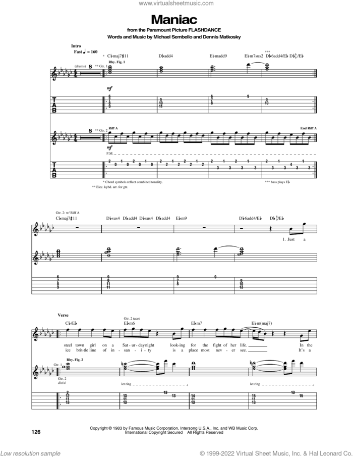 Maniac sheet music for guitar (tablature) by Michael Sembello and Dennis Matkosky, intermediate skill level