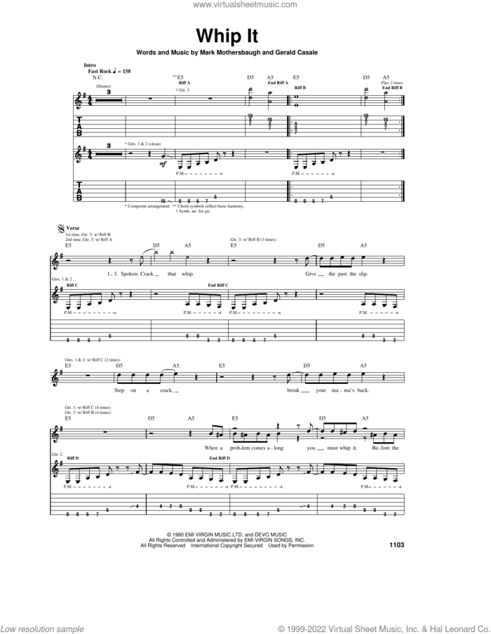 Whip It sheet music for guitar (tablature) by Devo, Gerald Casale and Mark Mothersbaugh, intermediate skill level