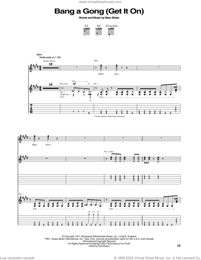 Bang A Gong (Get It On) sheet music for guitar (tablature) by T Rex, Power Station and Marc Bolan, intermediate skill level